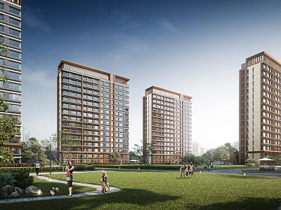 Modern Residential Landscape With High Rise Apartments Green Lawn And People Enjoying Outdoor Activities 3d model