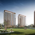 Modern Residential Landscape With High Rise Apartments Green Lawn And People Enjoying Outdoor Activities