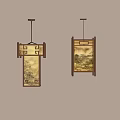 Traditional Chinese Pendant Lights With Wooden Frame And Landscape Painting Shades