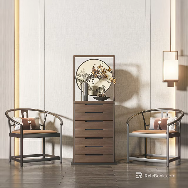 Elegant Modern Chinese Style Armchairs With Chest Of Drawers Decorative Panel And Hanging Lamp 3d model 