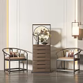 Elegant Modern Chinese Style Armchairs With Chest Of Drawers Decorative Panel And Hanging Lamp