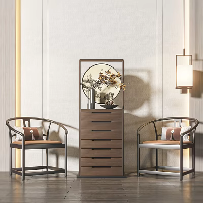 Elegant Modern Chinese Style Armchairs With Chest Of Drawers Decorative Panel And Hanging Lamp 3d model