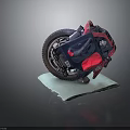 Red and Black Motorcycle Tilted on Light Blue Platform with Dark Background