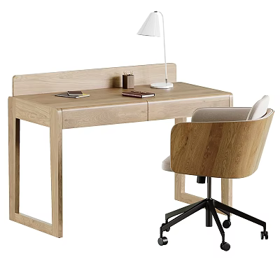 Light Wood Writing Desk And Office Chair Set With Lamp Books And Wheeled Base 3d model