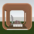 Wooden Pergola With Curved Structure Cutout Design And Bench On Green Grass
