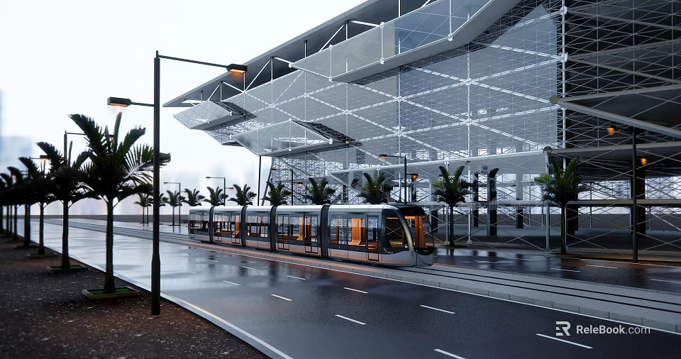 Modern Transport Hub Building With Metal Framework Tram And Palm Trees On Wet Road 3d model 