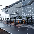 Modern Transport Hub Building With Metal Framework Tram And Palm Trees On Wet Road