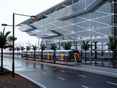 Modern Transport Hub Building With Metal Framework Tram And Palm Trees On Wet Road 3d model