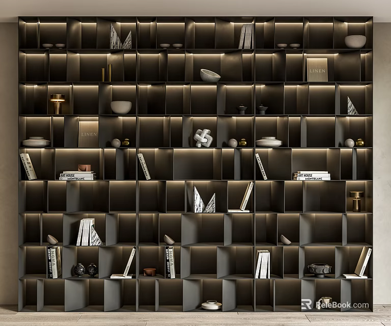 Modern Bookshelf Wall With Cube Grid Design Displaying Books And Decorative Items 3d model 