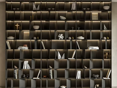 Modern Bookshelf Wall With Cube Grid Design Displaying Books And Decorative Items 3d model
