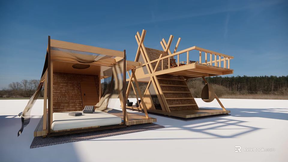 Modern Wooden House Structures With Deck Staircase And Hanging Chair 3d model 
