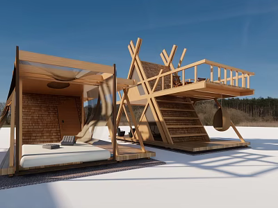Modern Wooden House Structures With Deck Staircase And Hanging Chair 3d model