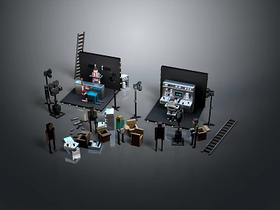 Cartoon Scene with Small Characters Ladders Tables and Studio Equipment Setup 3d model