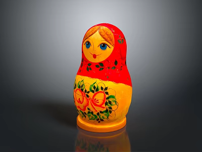 Traditional Matryoshka Doll With Red Yellow Floral Patterns And Blue Eyes 3d model