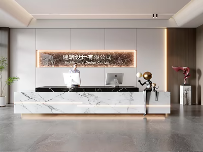 Modern Reception Desk with Marble Countertop Company Name Backdrop and Decorative Sculpture in Office Interior 3d model