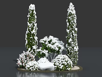 Tall Snow Covered Shrubs Surrounded by Low Growing Snowy Plants on Circular Base 3d model