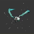 Game Anime Character With Teal Long Twin Tails Short Skirt Jumping Pose And Floating Petals