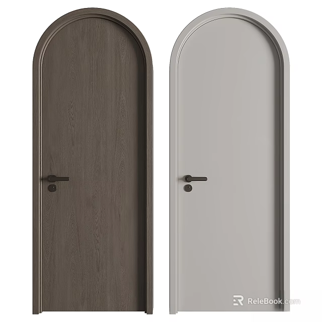 Modern Arched Hinged Doors In Brown Wood Grain And Light Gray With Black Handles 3d model 