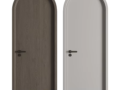 Modern Arched Hinged Doors In Brown Wood Grain And Light Gray With Black Handles 3d model