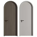 Modern Arched Hinged Doors In Brown Wood Grain And Light Gray With Black Handles