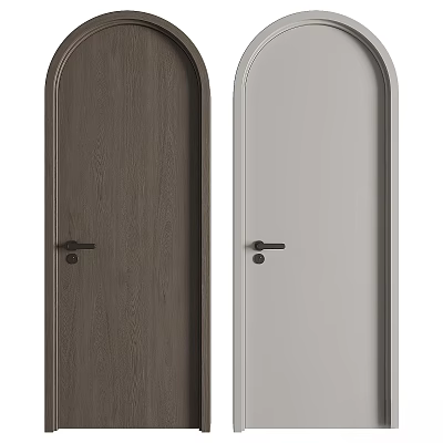 Modern Arched Hinged Doors In Brown Wood Grain And Light Gray With Black Handles 3d model