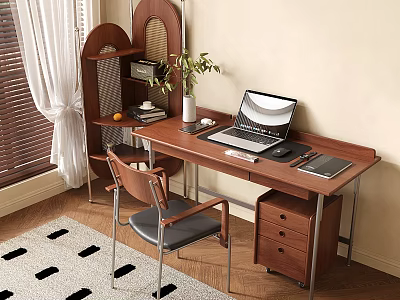 Wooden Writing Desk with Laptop Notebook Mouse Pad Drawer Cabinet Matching Chair and Bookshelf Plant 3d model