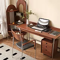 Wooden Writing Desk with Laptop Notebook Mouse Pad Drawer Cabinet Matching Chair and Bookshelf Plant