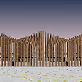 Modern Wooden Pergola With Geometric Sloped Roofs And Platform Seating Area