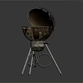 Outdoor BBQ Grill With Open Lid And Grilling Meat On Metal Stand