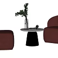 Modern Red Sofas and Coffee Table Set with Round Black Base and Vase Plant Decor 3d model