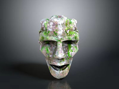 Mystical Stone Mask Depicting Ancient Character With Moss Covered Creature Features And Weathered Texture 3d model