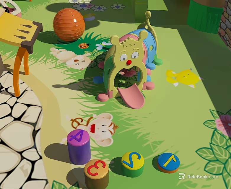 Cartoon Playground Scene With Slide Colorful Number Blocks Toy Animals On Green Grass 3d model 