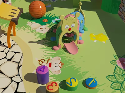 Cartoon Playground Scene With Slide Colorful Number Blocks Toy Animals On Green Grass 3d model