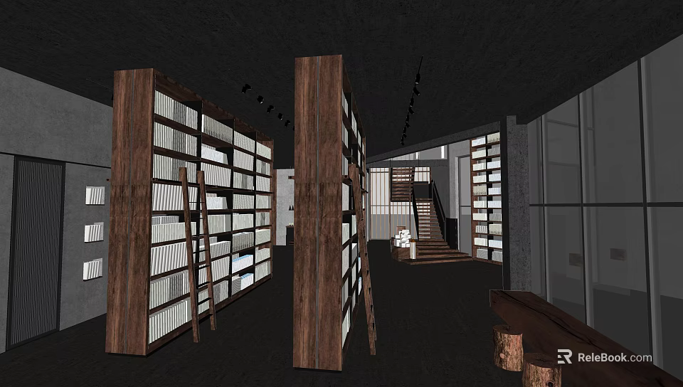 Contemporary Indoor Space With Wooden Bookshelves Spiral Staircase And Warm Lighting Design 3d model 