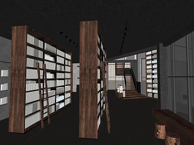 Contemporary Indoor Space With Wooden Bookshelves Spiral Staircase And Warm Lighting Design 3d model