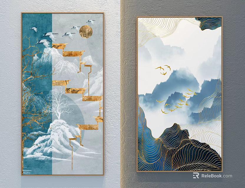 Abstract Paintings With Blue Tones Golden Lines Mountain Landscapes Flying Birds And Moon 3d model 