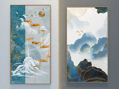Abstract Paintings With Blue Tones Golden Lines Mountain Landscapes Flying Birds And Moon 3d model