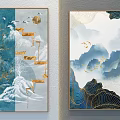 Abstract Paintings With Blue Tones Golden Lines Mountain Landscapes Flying Birds And Moon