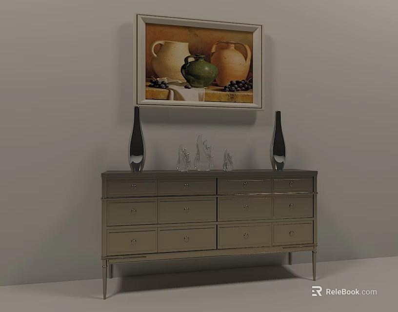 Modern Sleek Entryway Console Table With Drawers Metal Legs Decorative Vases And Framed Art Above 3d model 
