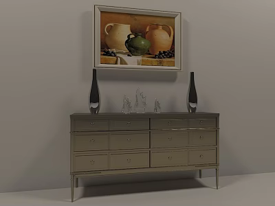 Modern Sleek Entryway Console Table With Drawers Metal Legs Decorative Vases And Framed Art Above 3d model