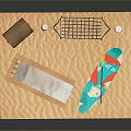 Beach Setup Featuring Wooden Lounge Chair With White Cushion Wooden Chest Hammock And Colorful Surfboard