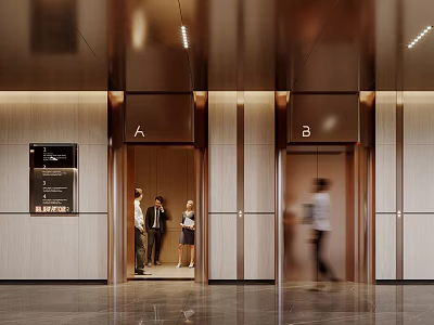 Modern Elevator Lobby With Wooden Walls Metallic Accents And Business Professionals In Suits 3d model