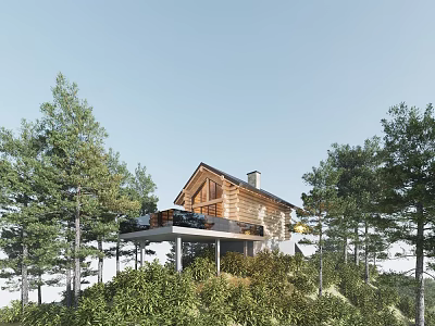 Wooden Detached Villa With Spacious Terrace Surrounded By Pine Trees In Natural Setting 3d model