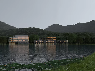 Modern Detached Villa With Lakefront View Mountain Backdrop And Lush Greenery 3d model