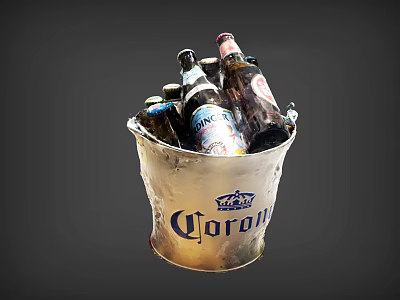Corona Beer Bucket Filled With Ice And Multiple Beer Bottles On Dark Gray Background 3d model