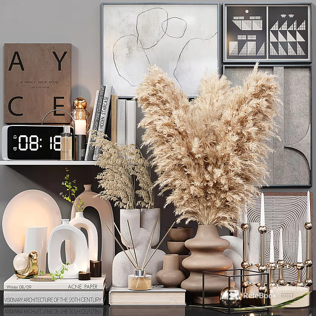 Modern Decorative Ornament Set With Pampas Grass Ceramic Vases Metal Candlesticks And Art Prints 3d model 