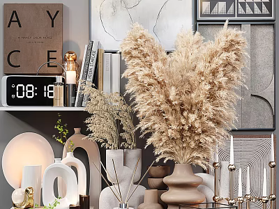 Modern Decorative Ornament Set With Pampas Grass Ceramic Vases Metal Candlesticks And Art Prints 3d model