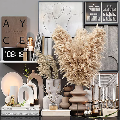 Modern Decorative Ornament Set With Pampas Grass Ceramic Vases Metal Candlesticks And Art Prints 3d model