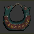 Ancient Ceramic Vessel With Double Head Design And Green Red Yellow Decorations