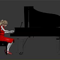 Black Grand Piano With Open Lid And Girl In Red Dress Playing